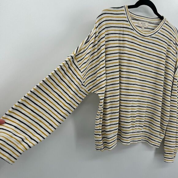 WVN Cream Yellow Striped Organic Cotton Terry Cloth Dolman Sleeve Top Medium - Picture 3 of 6